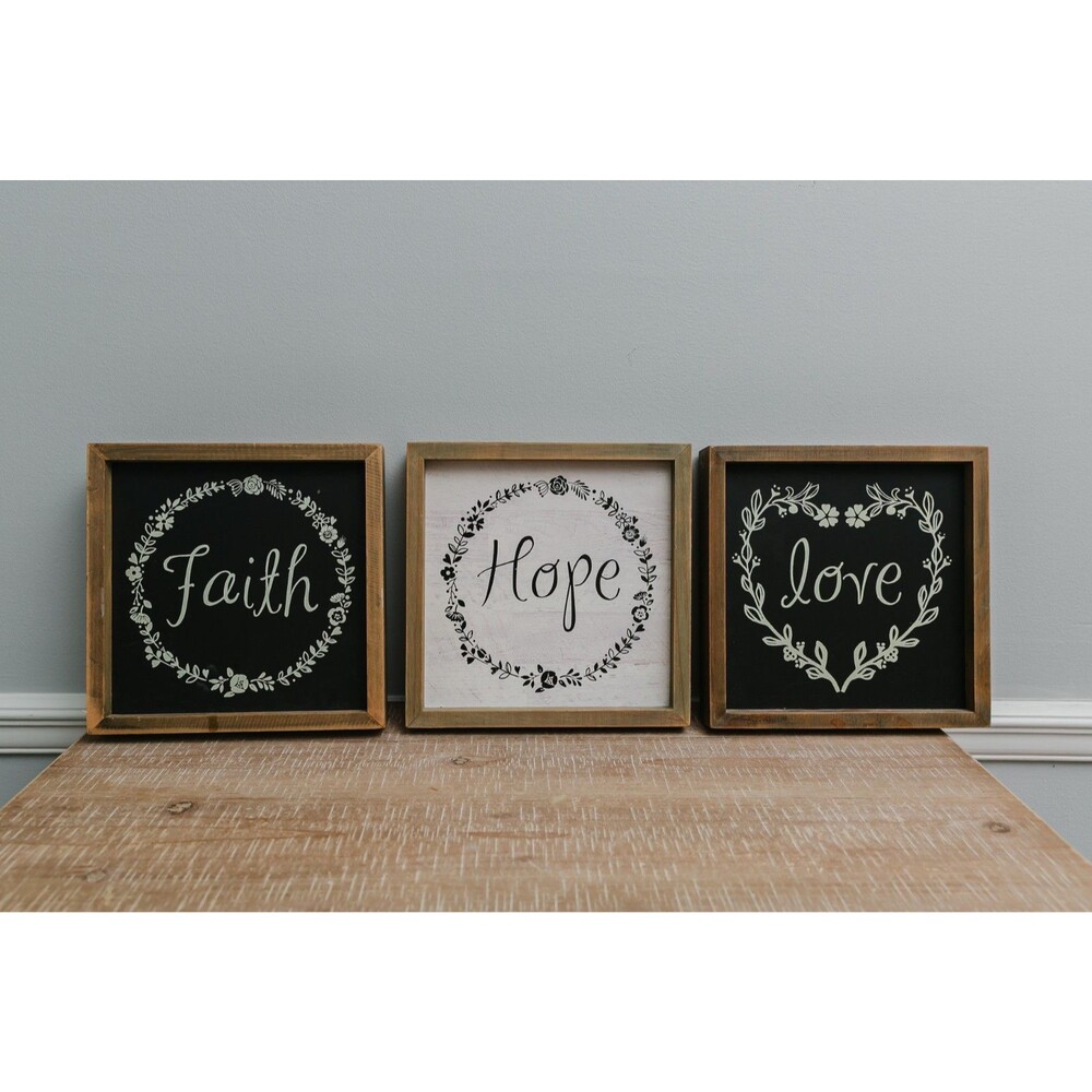 Faith Hope Love Framed Wall Signs Set of 3 Black White Rustic
